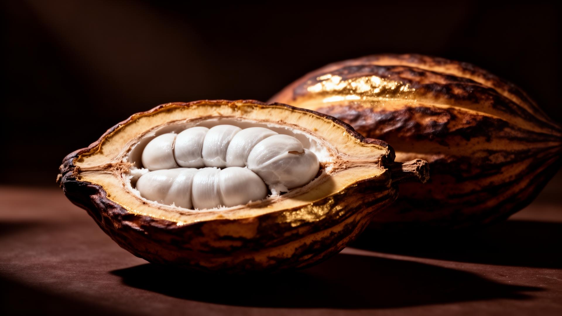 Cacao peruano abierto bajo luz cálida