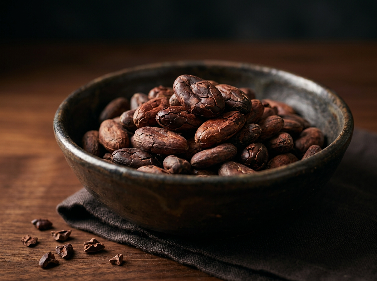 Granos de cacao tostados y pelados en recipiente
